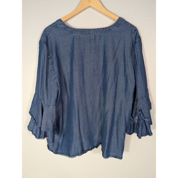 Ann Taylor Blue Chambray V Neck Ruffle Sleeve Blouse Women's XL 100% Lyocell N92 - Picture 2 of 6